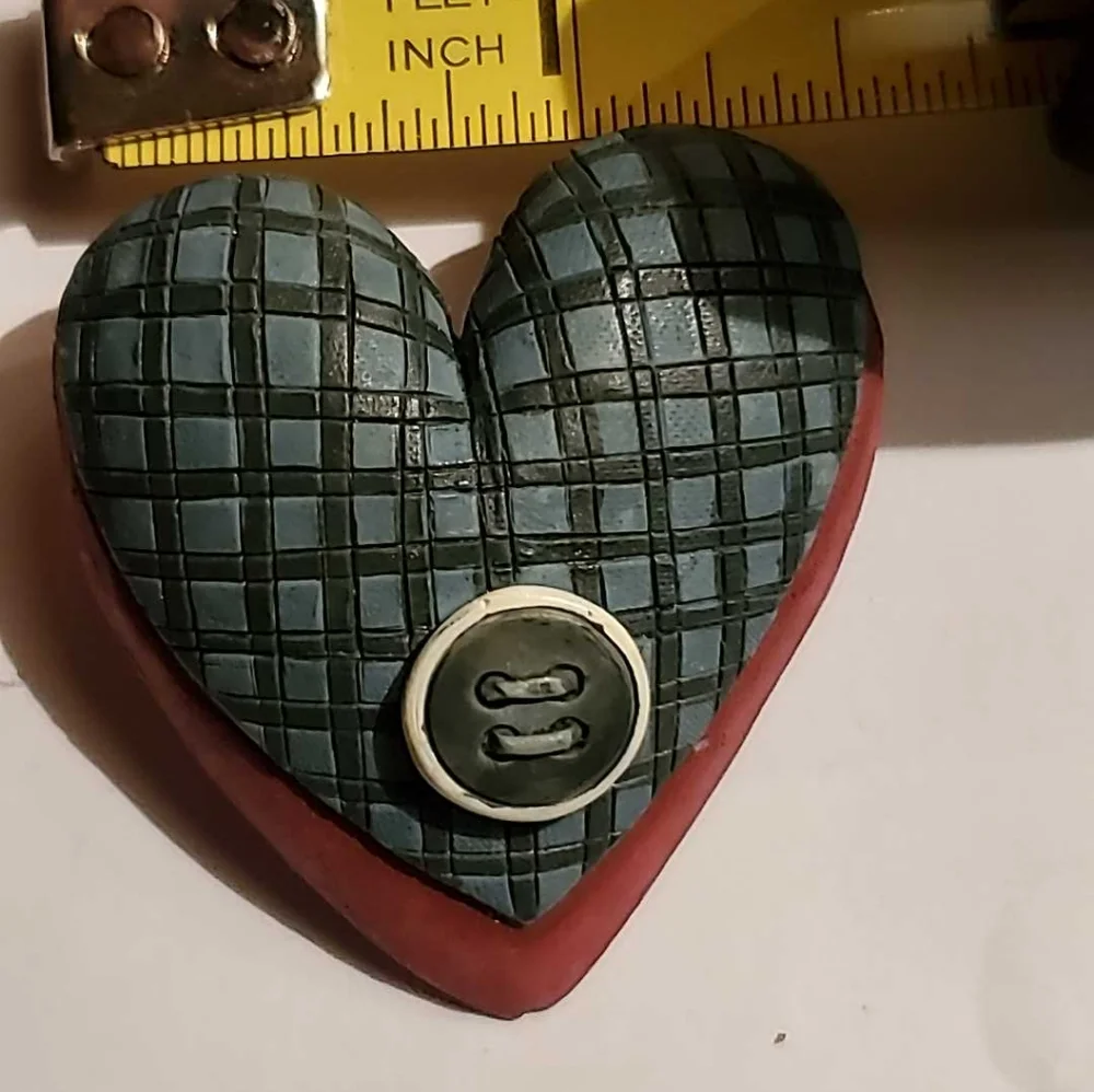 Wooden Heart Brooch Dark Green Plaid With a Matching Button